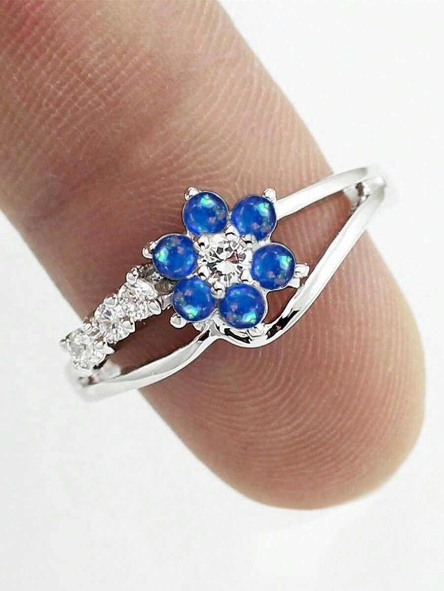 1 Stück modischer Cubic Zirkonia & Kunststoff Opal Ring für Frauen, Hochzeit, Party, Valentinstag Geschenk - Blau - Übersicht 1