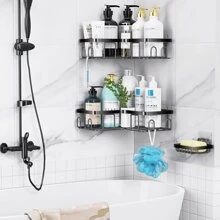 3 Pack Corner Shower Caddy,Adhesive Shower Caddy With Soap Holder And 20 Hooks, Rustproof Stainless Steel Shower Organizer, No Drilling Wall Mounted Shower Rack, For Bathroom, Kitchen - 黑色 - 查看 7