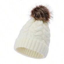 1pc Solid Color Versatile Acrylic Cable Knit Pom Pom Beanie Hat, Suitable For Autumn Winter Warmth And Daily Wear - Multicolor - View 18