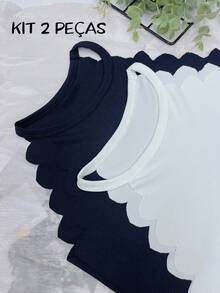 ELLIE 2 Piece Solid Color Shell Edge Knitted Halter Top - 黑與白 - 查看 3