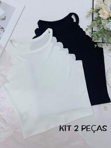 ELLIE 2 Piece Solid Color Shell Edge Knitted Halter Top - 黑與白 - 查看 2