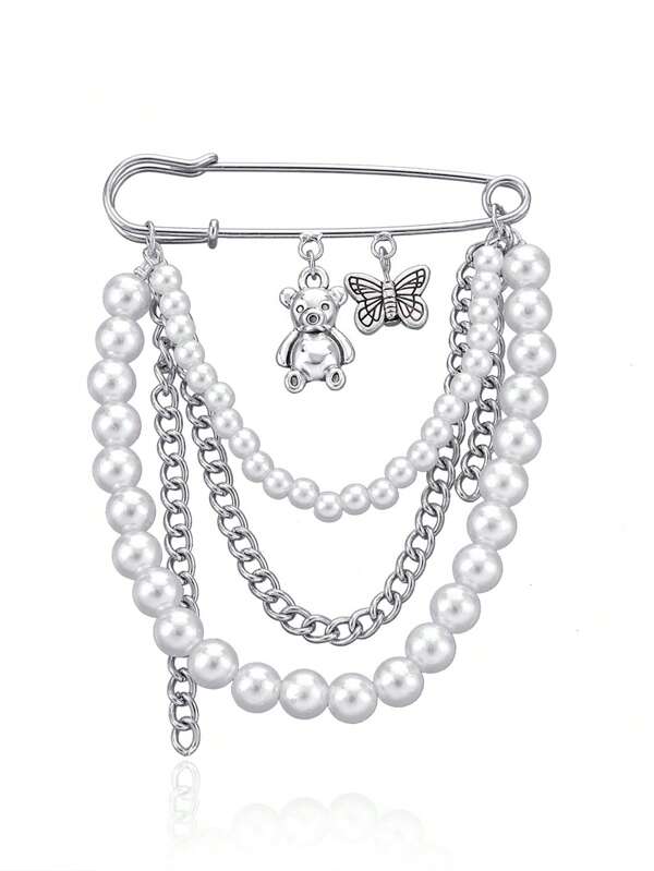 1pc Women Butterfly, Teddy Bear & Faux Pearl Decor Brooch Pin, Vintage Casual Chic Aluminum Alloy Accessory Dress Accessories Pin For Clothes Bag Charm Backpack For School