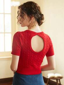 Knit Mix Áo dệt kim cổ tròn tay ngắn cổ tròn (Mẫu ngẫu nhiên) - Đỏ - Xem 2
