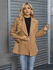 女士翻领长袖纽扣迷人优雅别致修身针织外套 - 駝色 - 查看 4