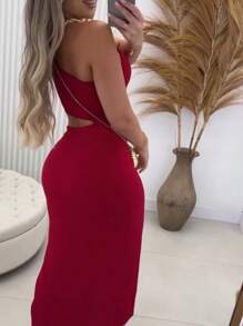 Elegant Long Slim Manca Mule Dress - Đỏ - Xem 3