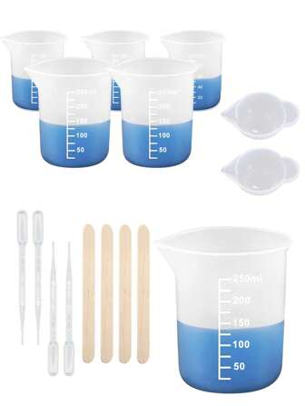 16 PIEZAS Juego de herramientas de taza medidora de silicona - Taza de mezcla de resina de 250 ml/8 oz y 100 ml, fácil de limpiar, suministros de resina epoxi para moldes, pintura, joyería