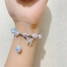 1 件蝴蝶吊坠粉色/绿色/蓝色玻璃串珠手链优雅小众设计手饰 - 彩色 - 查看 7