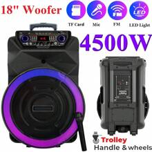 Dazone 4500W 18-Inch Portable Party Bluetooth Speaker Rechargeable Wireless Trolley Speaker With Deep Bass, 4500W Peak Power, Wireless Microphone, Remote Control, Handle, Wheels, USB/SD, FM Radio, AUX & Guitar Inputs, Party DJ Karaoke LED Light, Sound PA System Stereo - 黑色 - 查看 1