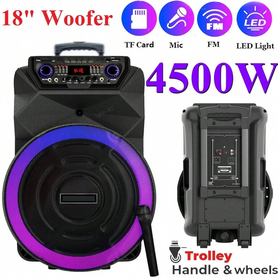 Dazone 4500W 18-Inch Portable Party Bluetooth Speaker Rechargeable Wireless Trolley Speaker With Deep Bass, 4500W Peak Power, Wireless Microphone, Remote Control, Handle, Wheels, USB/SD, FM Radio, AUX & Guitar Inputs, Party DJ Karaoke LED Light, Sound PA System Stereo - 黑色 - 查看 1
