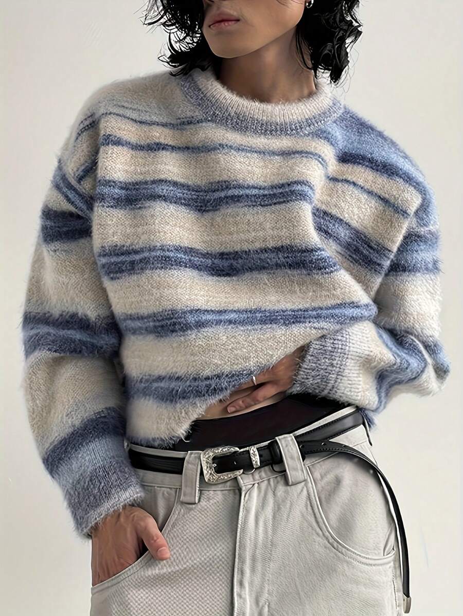 秋冬新款街头风渐变色宽松圆领男士套头毛衣，圣诞节和新年长袖上衣 - 彩色 - 查看 1