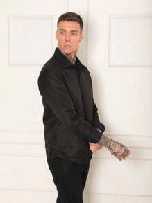 Men's Long Sleeve Slim Two-Color Dress Shirt - 黑色 - 查看 5