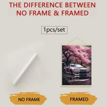 1幅现代艺术帆布海报，浪漫浅粉色汽车与樱花图案，创意汽车图案帆布画，卧室、客厅、走廊的理想礼物，墙面艺术，墙面装饰，秋季装饰，房间装饰，无框 - 彩色 - 查看 2