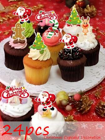 Christmas Decoration 24pcs Christmas Theme Party Cupcake Toppers, Party Supplies, Christmas Cupcake Decorations, Birthday Parties, Christmas Gifts, Dessert Decorations, Gourmet Food, Dessert Table Settings,Christmas Decorations Food,Torte,Fake Cupcake