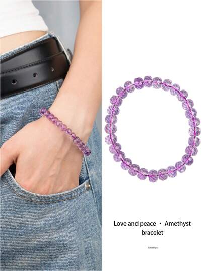 VE [VE] 1 pieza Pulsera de amatista natural de alta calidad. Usar una pulsera de amatista puede realzar la elegancia personal, aumentar la sabiduría y la espiritualidad, promover la paz interior y la felicidad, y también es útil para mejorar la vida amorosa y las relaciones interpersonales. Un regalo de cumpleaños perfecto para amigos, hermanas y compañeros de clase. Color de piedra natural seleccionado al azar.