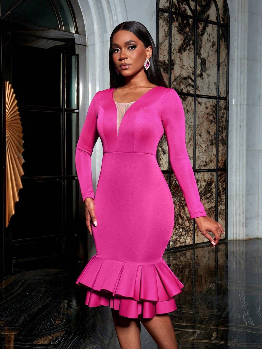 Plunging Neck Ruffle Hem Cocktail Party Dress for Sale Australia New