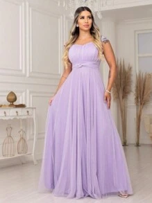 Long Bridesmaid Congress Graduation Party Dress With Embroidered Sleeve - Lilac Purple - View 2