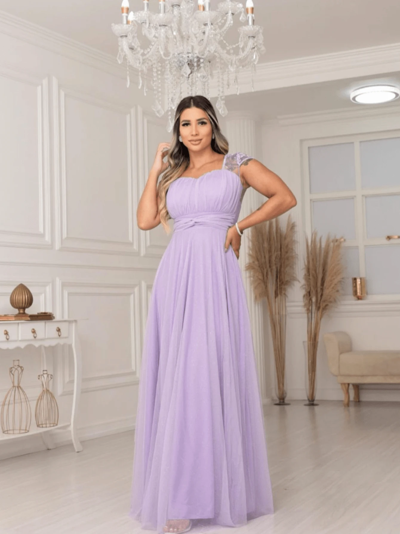 Long Bridesmaid Congress Graduation Party Dress With Embroidered Sleeve - Lilac Purple - View 1