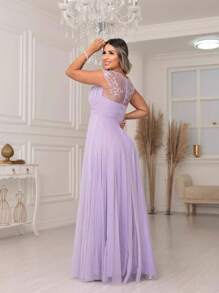 Long Bridesmaid Congress Graduation Party Dress With Embroidered Sleeve - Lilac Purple - View 3