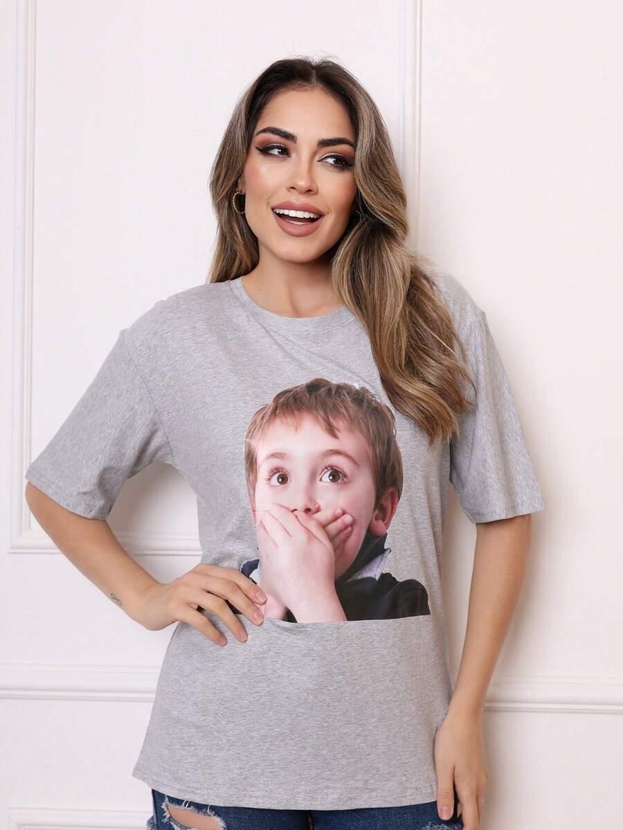 100% COTTON T-SHIRT WITH BOY DESIGN - Xám - Xem 1