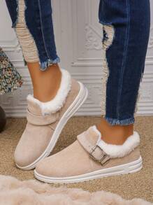 2024冬季女士时尚休闲舒适平底鞋，卡其杏色轻便防滑柔软保暖内衬妈妈鞋，侧扣雪地靴，毛绒鞋 - 杏色 - 查看 3