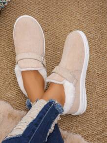 2024冬季女士时尚休闲舒适平底鞋，卡其杏色轻便防滑柔软保暖内衬妈妈鞋，侧扣雪地靴，毛绒鞋 - 杏色 - 查看 2