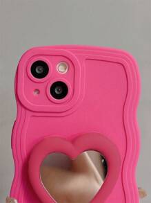 Cute 3D Heart Mirror Holder Stand Phone Case Compatible With IPhone 15 14 Pro Max 13 12 Pro Max 11 Curly Wave Shockproof Back Cover Soft Protective Bumper Shell - Hot Pink - View 3