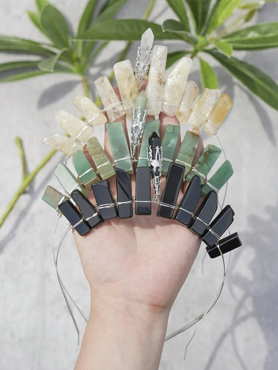 1 件装海滩波西米亚风天然水晶发带不对称水晶柱手工制作 3D 新娘皇冠头带万圣节 - 彩色 - 查看 1