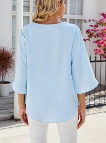 Women's Casual Chiffon Blouse Loose Top 3/4 Ruffled Sleeve V Neck Summer Dressy Shirt Basic Tunic Tops Ruffle Split Sleeve Flowy T-Shirts For Leggings - 藍色 - 查看 5