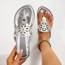 Women's Flip Flops Flat Sandals Comfort Dress Leather Sandals - 銀色 - 查看 1