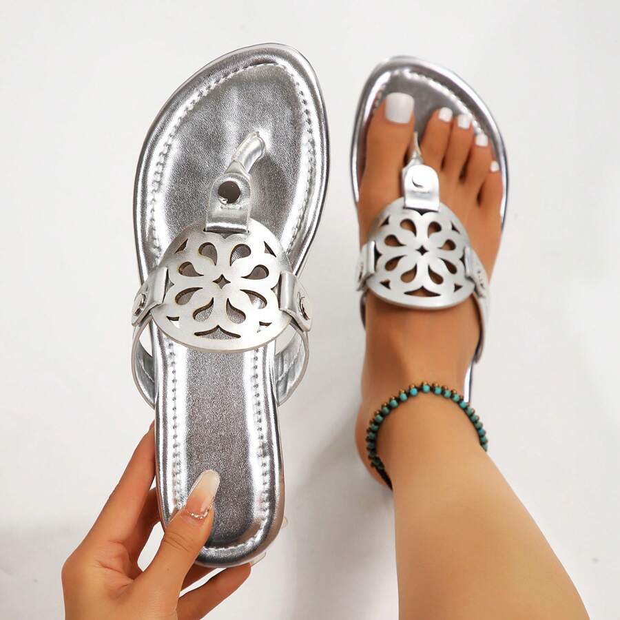 Women's Flip Flops Flat Sandals Comfort Dress Leather Sandals - 銀色 - 查看 1