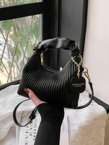 Fashionable Minimalist Wrinkled Woven PU Zipper Handbag, Mini Portable Shoulder Bag Suitable For Women, Shopping, Dating, Party, Gift - Black - View 4