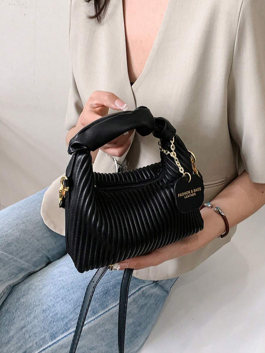 Fashionable Minimalist Wrinkled Woven PU Zipper Handbag, Mini Portable Shoulder Bag Suitable For Women, Shopping, Dating, Party, Gift - Black - View 1