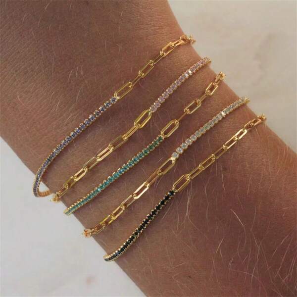 Aritio 1pc Vintage Luxury 18K Gold-Plated Stainless Steel Colorful Crystal Decorated Chain Bracelet, Suitable For Women Daily & Wedding Wear Gift