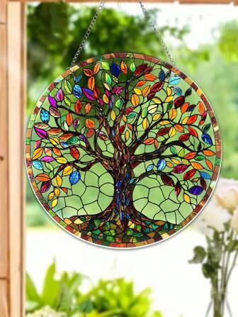 1 pieza Atrapasol redondo de acrílico con estampado del árbol de la vida de 15 cm de diámetro, decoración colgante de pared de acrílico de doble cara para ventanas del hogar, interiores, exteriores y jardín (con cadena de metal), decoración del hogar, decoración de habitación, decoración de pared