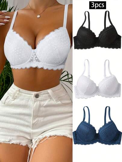 3 pièces Soutien-gorge sans fil en dentelle sexy, noir/blanc/bleu, sous-vêtements confortables et respirants
