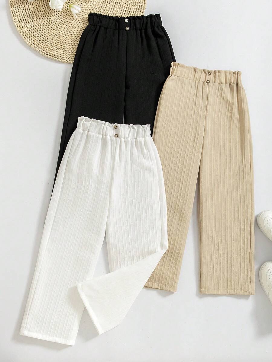 3pcs/Set Tween Girl Casual Solid Color Stud Closure Long Pants, Autumn - Multicolor - View 1