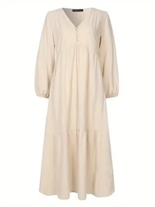 女式纯色 V 领灯笼袖长袖连衣裙，秋季 - 杏色 - 查看 4