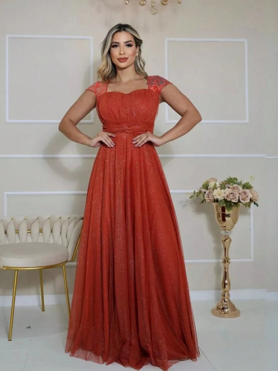 Long Bridesmaid Congress Graduation Party Dress With Embroidered Sleeve - Burnt Orange - View 1