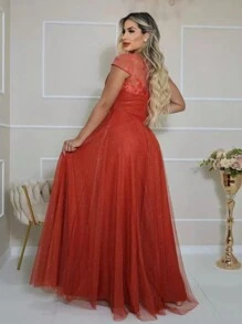 Long Bridesmaid Congress Graduation Party Dress With Embroidered Sleeve - Burnt Orange - View 3