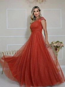 Long Bridesmaid Congress Graduation Party Dress With Embroidered Sleeve - Burnt Orange - View 7