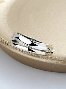 HuooNew 1pc Sterling Silver Smooth Line Adjustable Double-Layer Ring, Gift - Silver - View 5