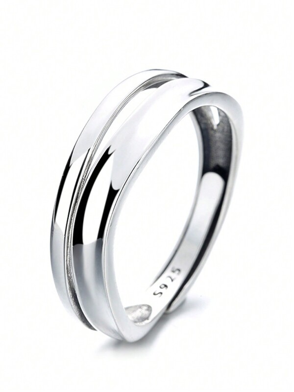 HuooNew 1pc Sterling Silver Smooth Line Adjustable Double-Layer Ring, Gift