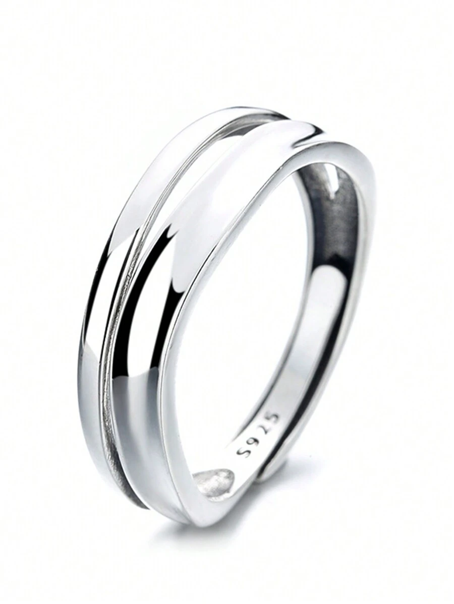 HuooNew 1pc Sterling Silver Smooth Line Adjustable Double-Layer Ring, Gift - Silver - View 1