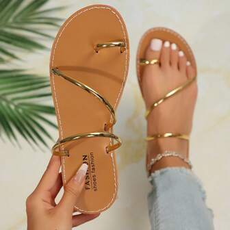 Fashionable Versatile Comfortable Minimalist Casual Lightweight Round Toe Flat Anti-Slip Sports Golden Women's Sandals, Summer