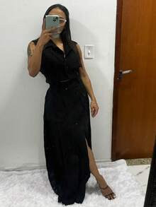 Women's Set With Long Skirt With Slit And Elastic Back And Vest/Blouse With Buttons - màu đen - Xem 3