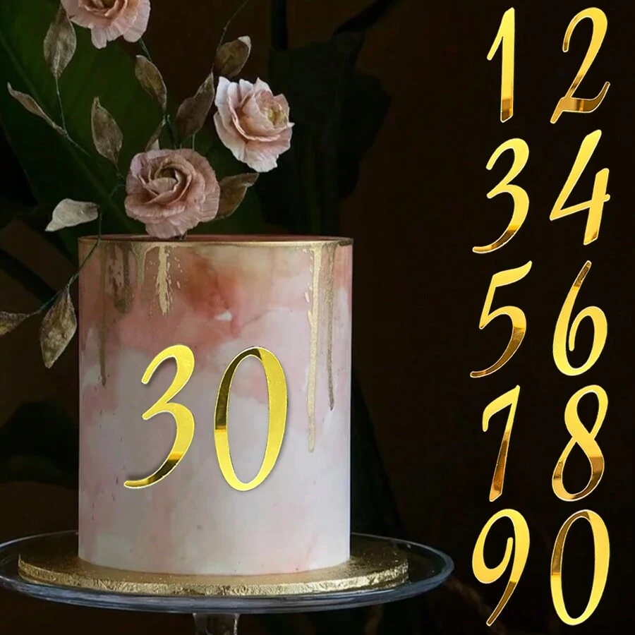 1組金色0-9數字蛋糕裝飾插牌,適用於婚禮、生日派對蛋糕裝飾 - 金色 - 查看 1