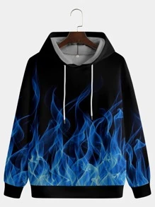 3D Digital Printed Flame Art Pattern Pocket Drawstring Hoodie & Sweatpants Two Pieces Set, Men's Wrinkle-Resistant Casual Streetwear Tracksuit For Spring - Black - View 2
