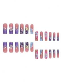 24 piezas de uñas postizas en forma de ataúd de estilo francés de alta gama con diseño de mariposas doradas en 3D y flores verdes, adecuadas para el uso diario de mujeres y niñas