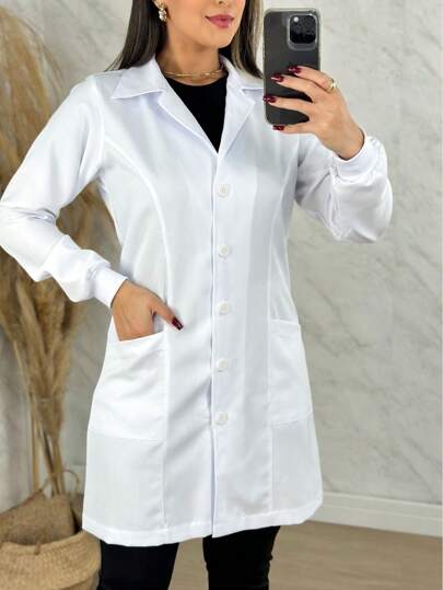 Jaleco Feminino Acinturado  Botão Manga Longa Com Punho Enfermagem Medicina  Dentista Academico Estudante Saúde