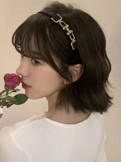 Street 1pc Women's Black Leather French Style Headband With Chain Buckle, Suitable For Daily Wear Valentine's Day,Hairband,Hair Hoop Headbands